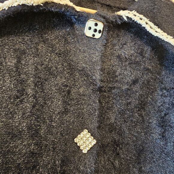 Black Knit Jacket With Contrast Ivory Trim Mixed Buttons Soft Fuzzy Small - Picture 5 of 8